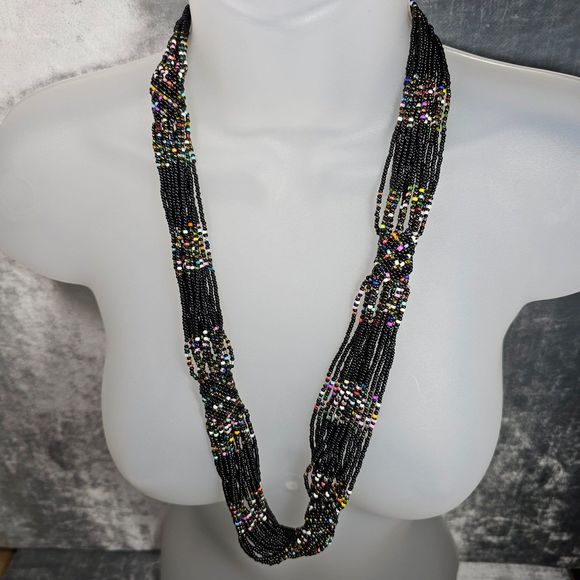 Glass Seed Bead Necklace Multi Strand Black Colorful Tubular Band Statement Boho - Picture 5 of 8